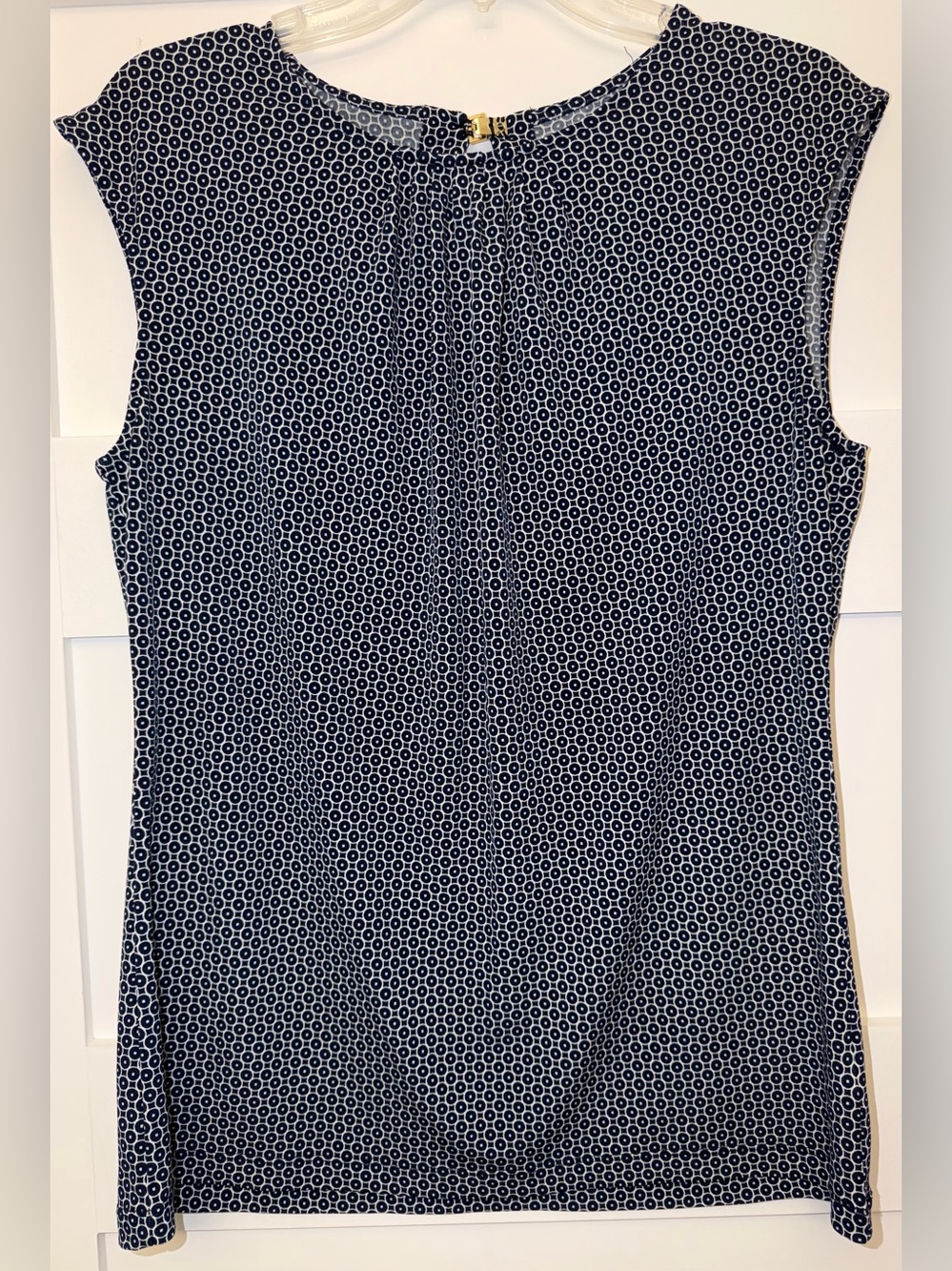 Sleeveless Navy Blue& White Geometric Print Shell Top. Size-M